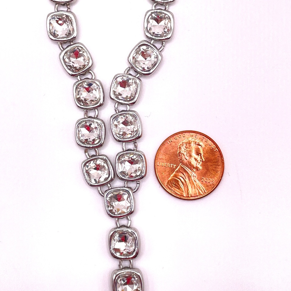 Contemporary Silver Tone Chiclet Crystal Y Tassel Long Necklace - Picture 3 of 13